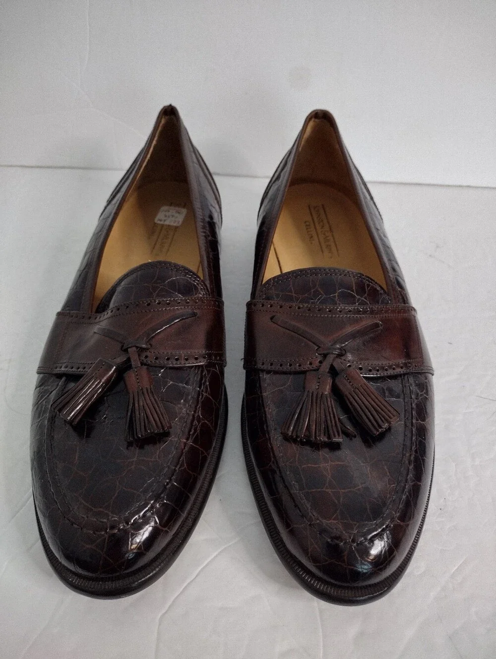 Vtg Johnston & Murphy Cellini Loafers 11.5 Brown Croc Leather Tassel Italy 3570